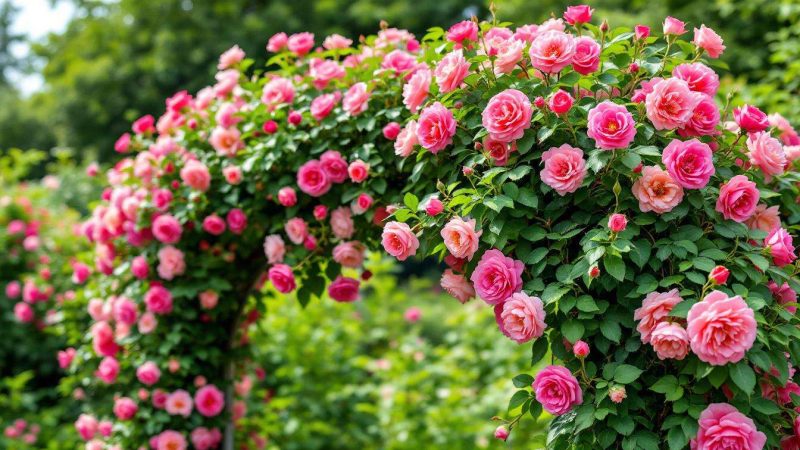 Rosier grimpant sur arche : pourquoi attacher les tiges à l&rsquo;horizontale double la floraison